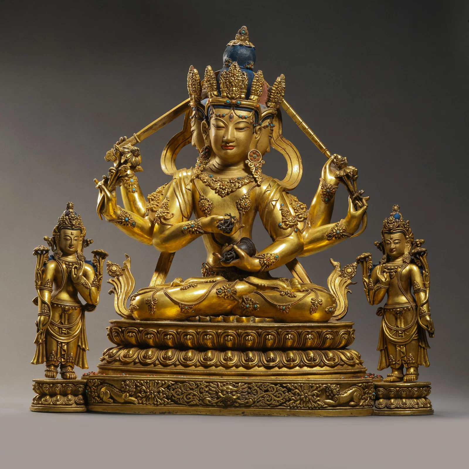 Chinese Ming Dynasty Gilt Bronze Seated Buddha Statue Inlaid with Gemstones