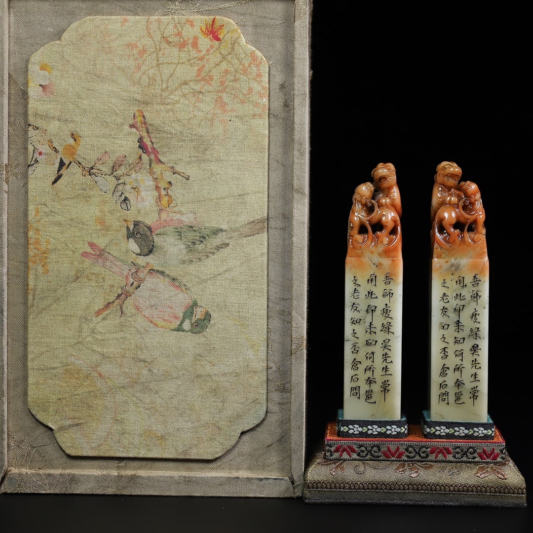 Chinese natural shoushan stone carved seal set Qing dynasty