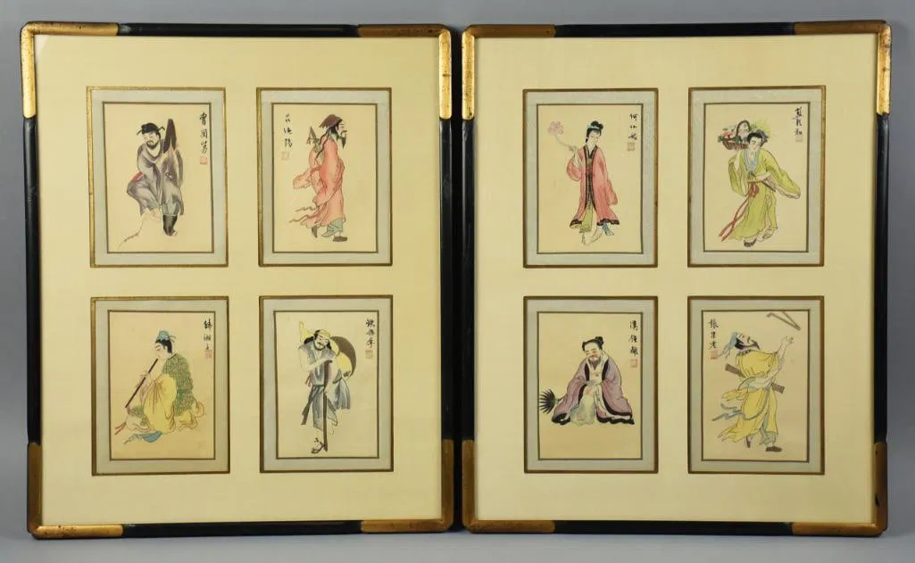 Chinese Painted Silk Eight Immortals, Framed
