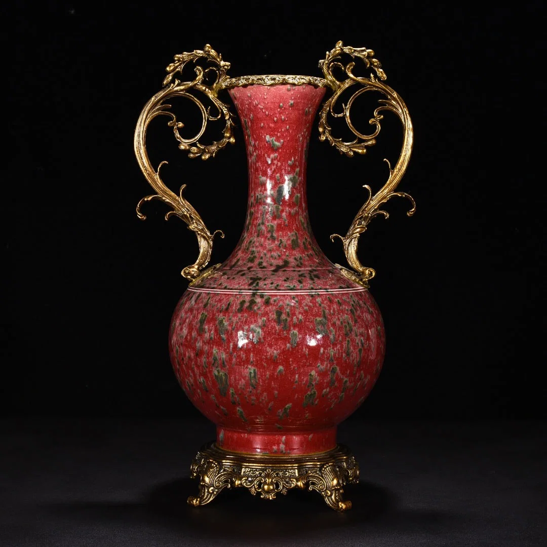 Chinese peachbloom and gilt bronze porcelain vase Qing dynasty Kangxi Mark & Period