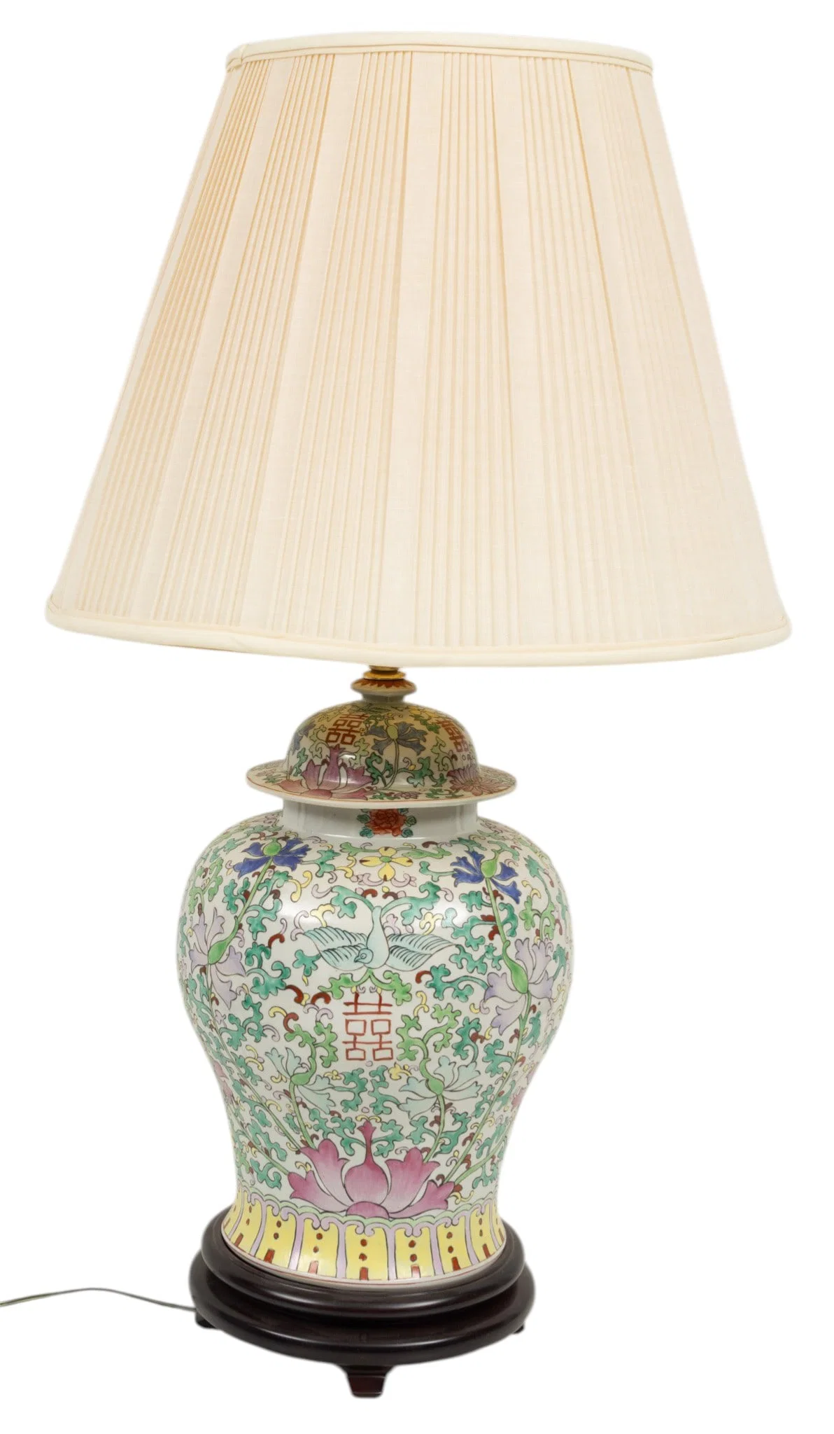 Chinese Porcelain Covered Ginger Jar Mounted As a Lamp 20th C., H 16" Dia. 11"