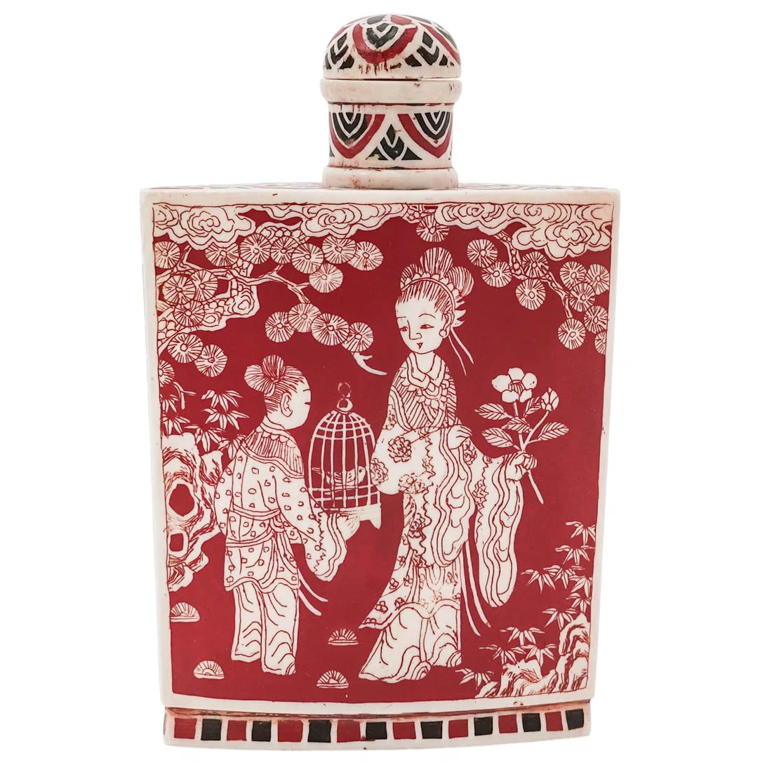 Chinese Qing Dynasty Carved Bone & Lacquer Snuff Bottle