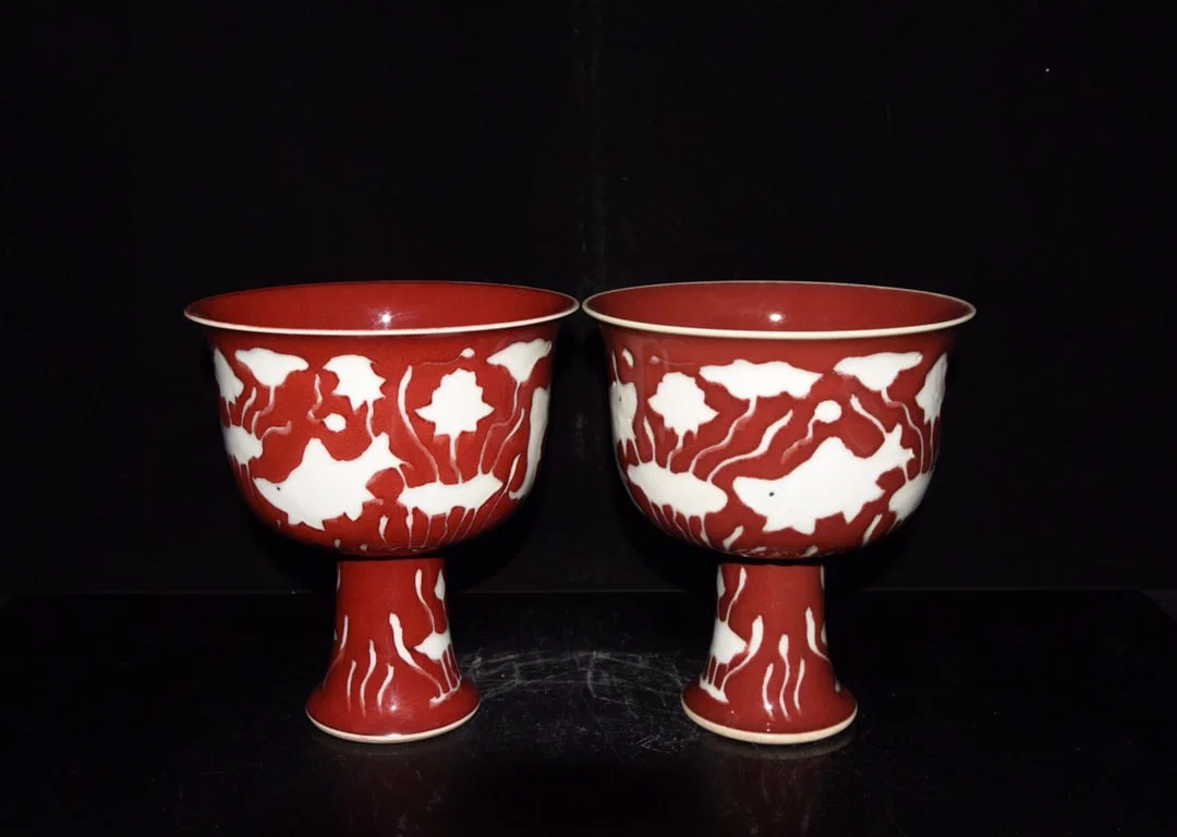 Chinese red and white porcelain bowl pair Ming dynasty Xuande Mark & Period