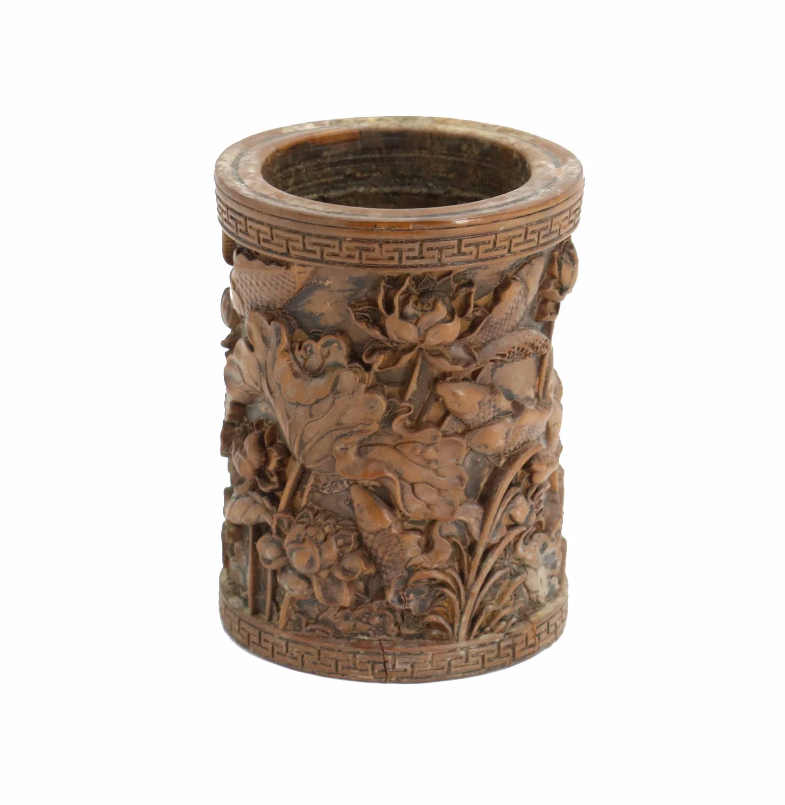 Chinese Relief Carved Boxwood Brush Pot