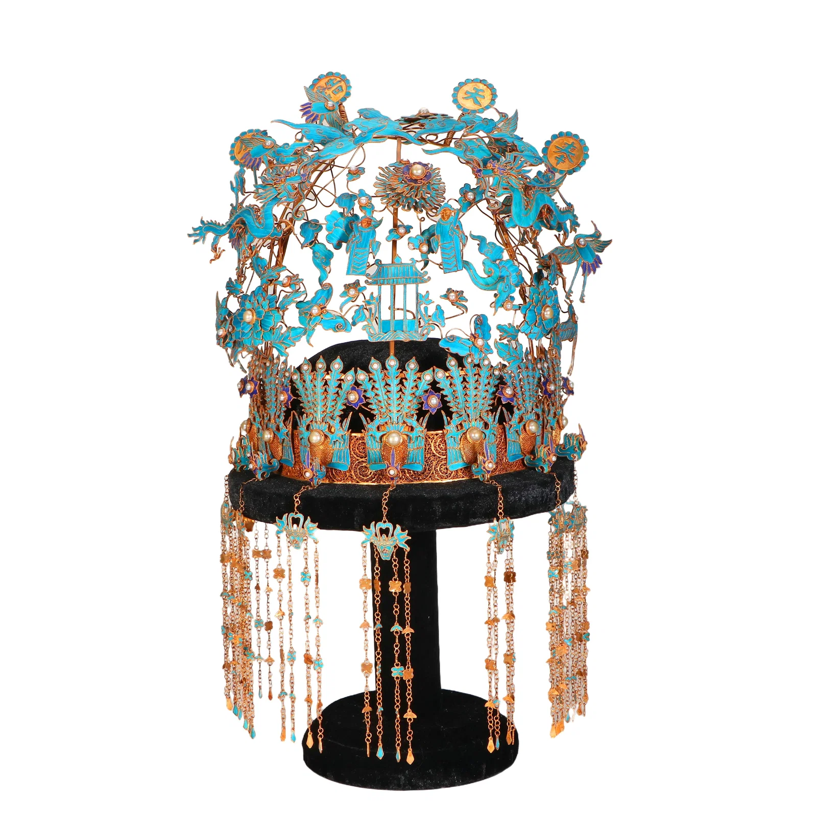 Chinese Silver-gilt kingfisher feather dragon and phoenix crown