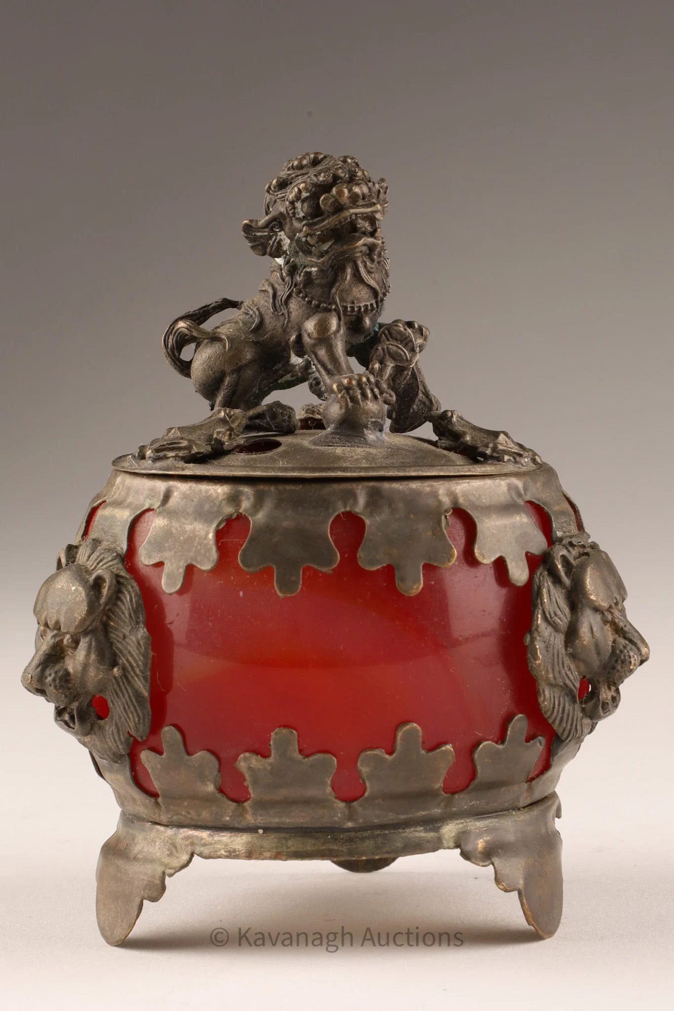 Chinese Silver Metal and Carnelian Censer, Fine Foo Dog Finial with lion head motifs,