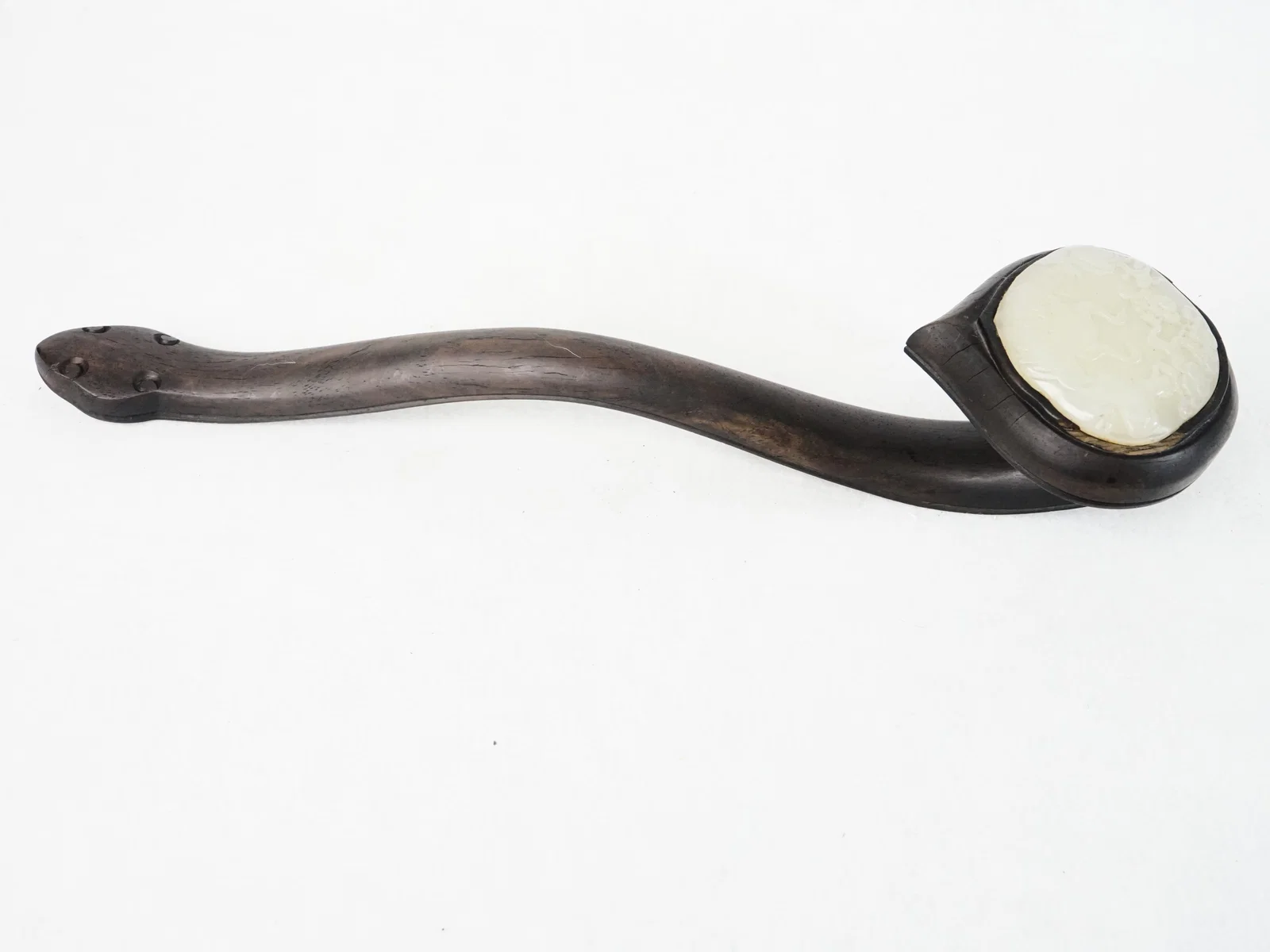 Chinese White Jade Inlaid Wood Ruyi Scepter,Qing Dynasty