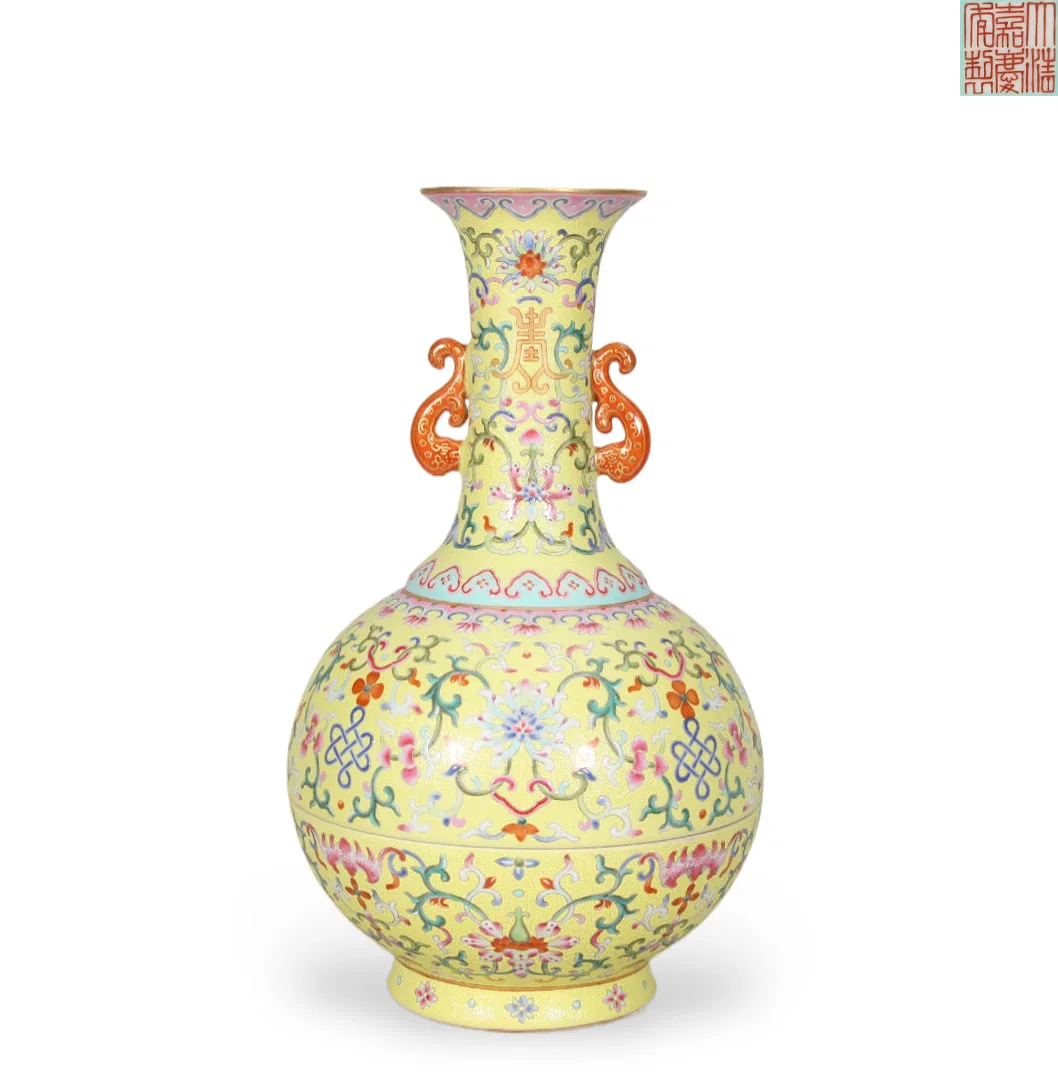 Chinese Yangcai (Famille Rose) Floral and Longevity Character Pattern Covered Bottle