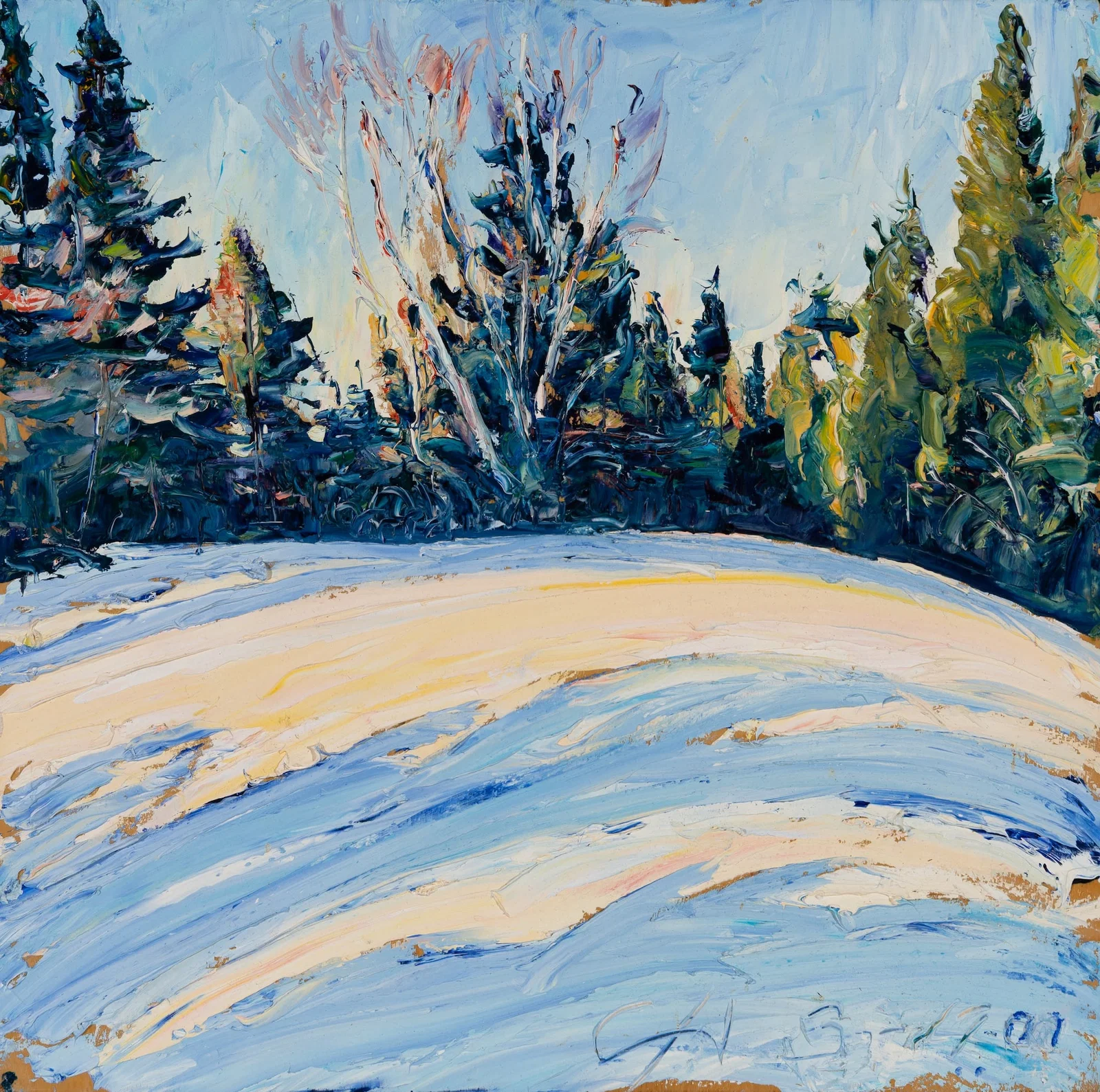 Chris Huntington (Am. b. 1938), "Sun + Shadows - Mar. Afternoon - Happy Corner Rd." Patten, Maine,