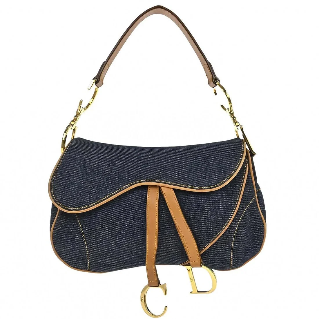 CHRISTIAN DIOR BLUE BEIGE DENIM DOUBLE SADDLE HANDBAG