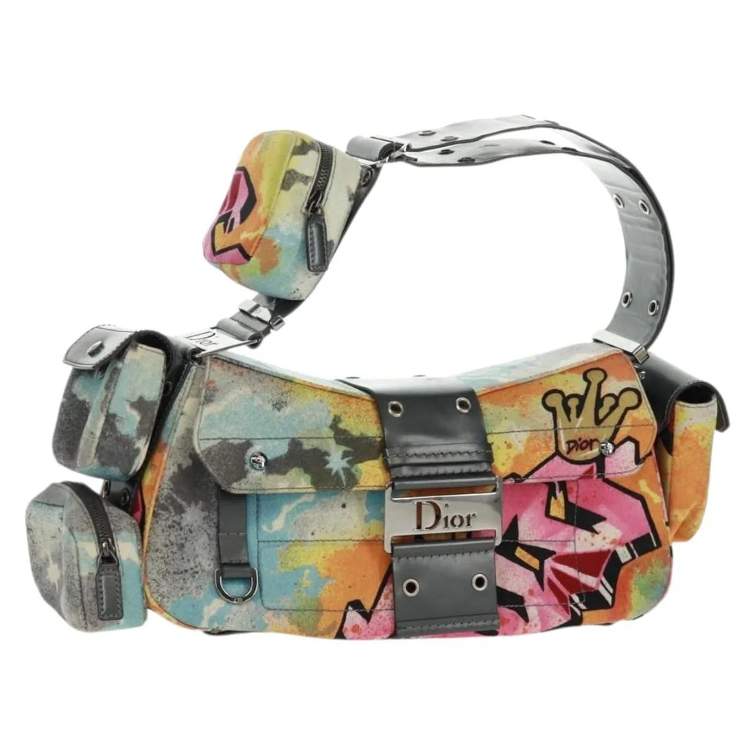 Christian Dior Galliano Canvas Shoulder Bag Multicolor Silver SS 2024 with Accessories