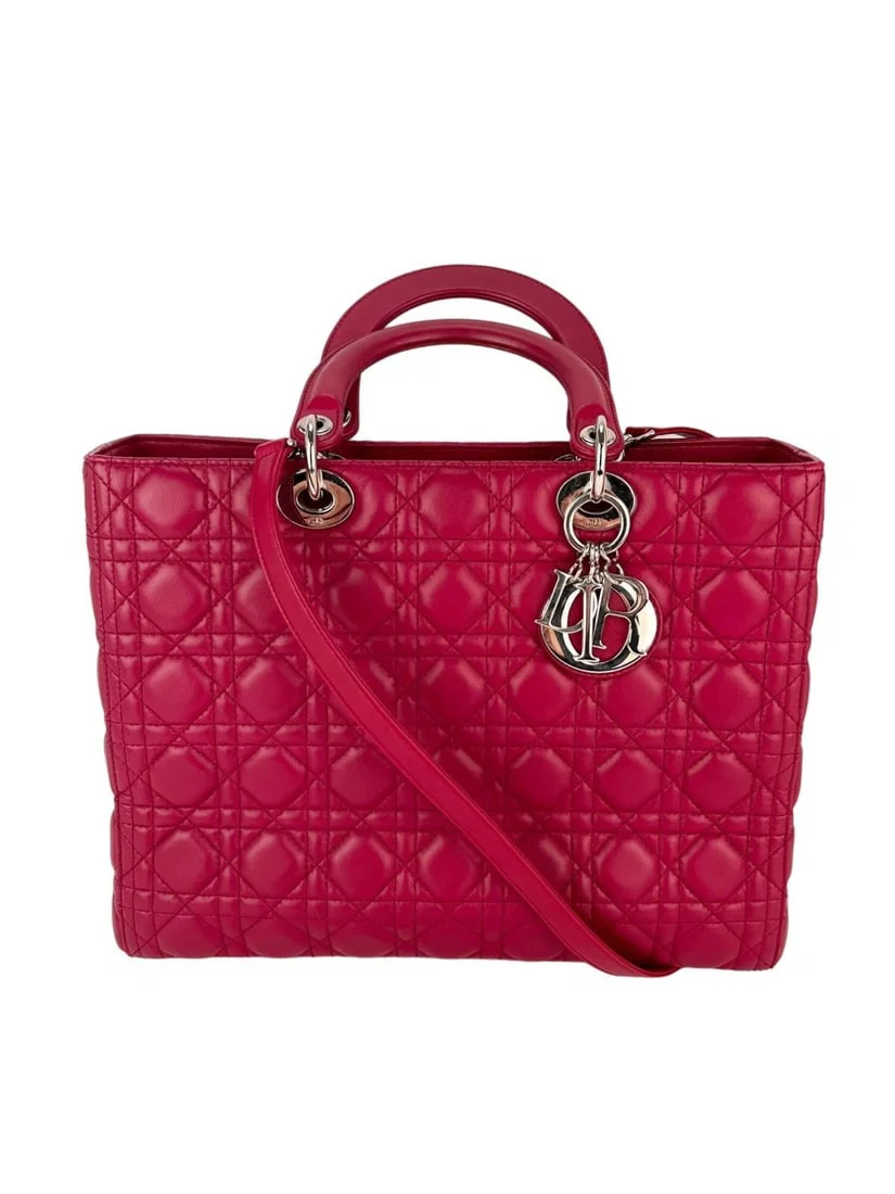 Christian Dior Red Lambskin Cannage Large Lady Dior Shoulder Bag
