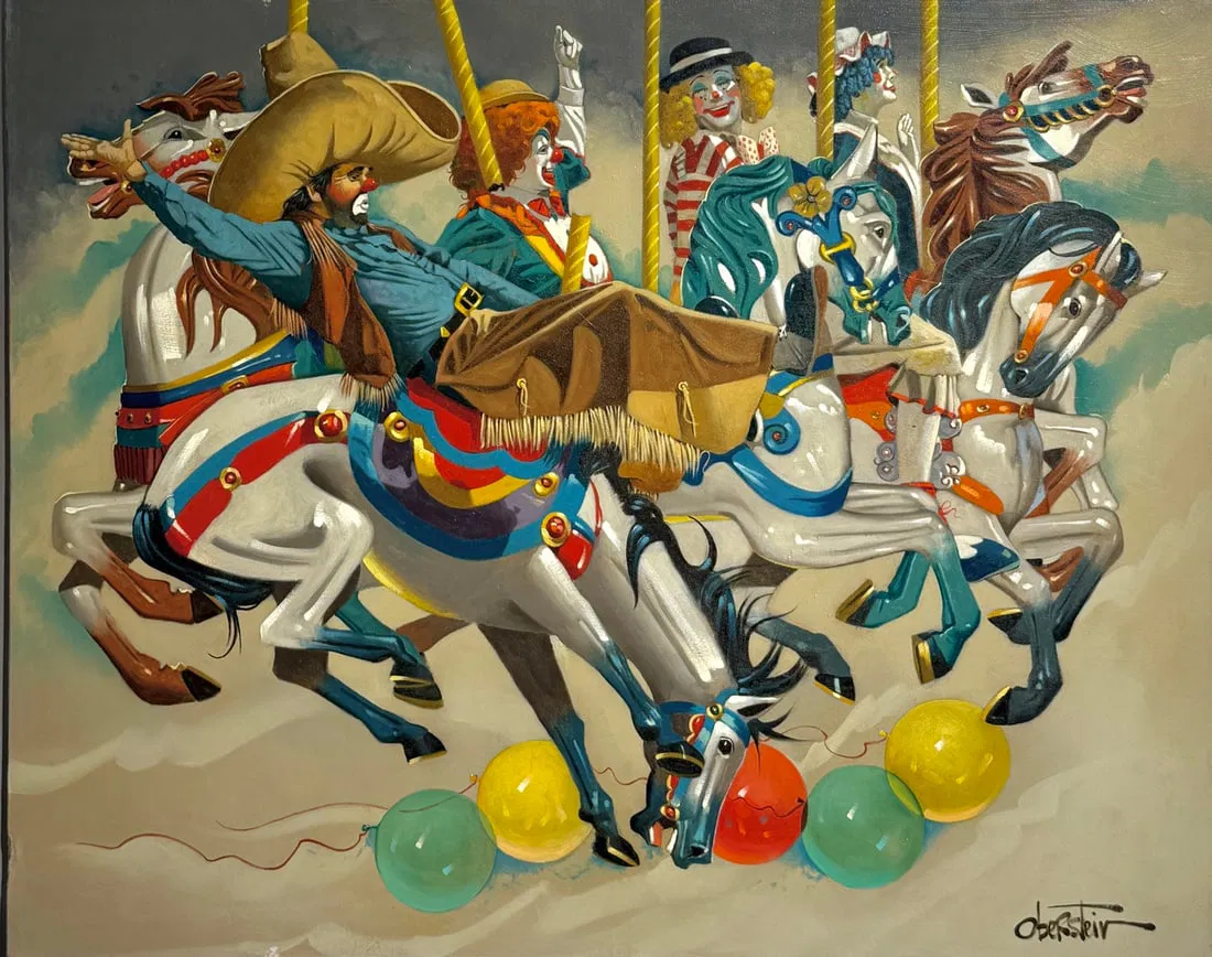 Chuck Oberstein "Cowboy Carousel" Signed Original Oil