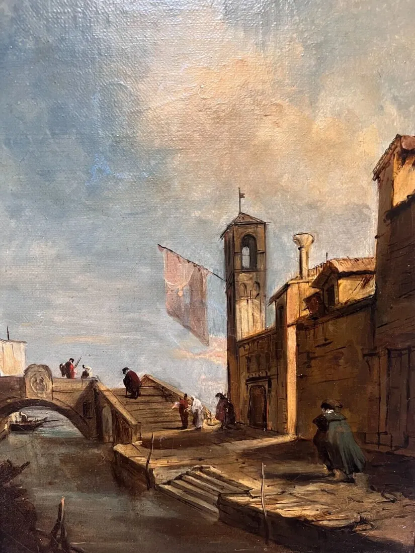 Cityview, Venice, Bridge Vecchio, People after Guardi Painting Antique Original