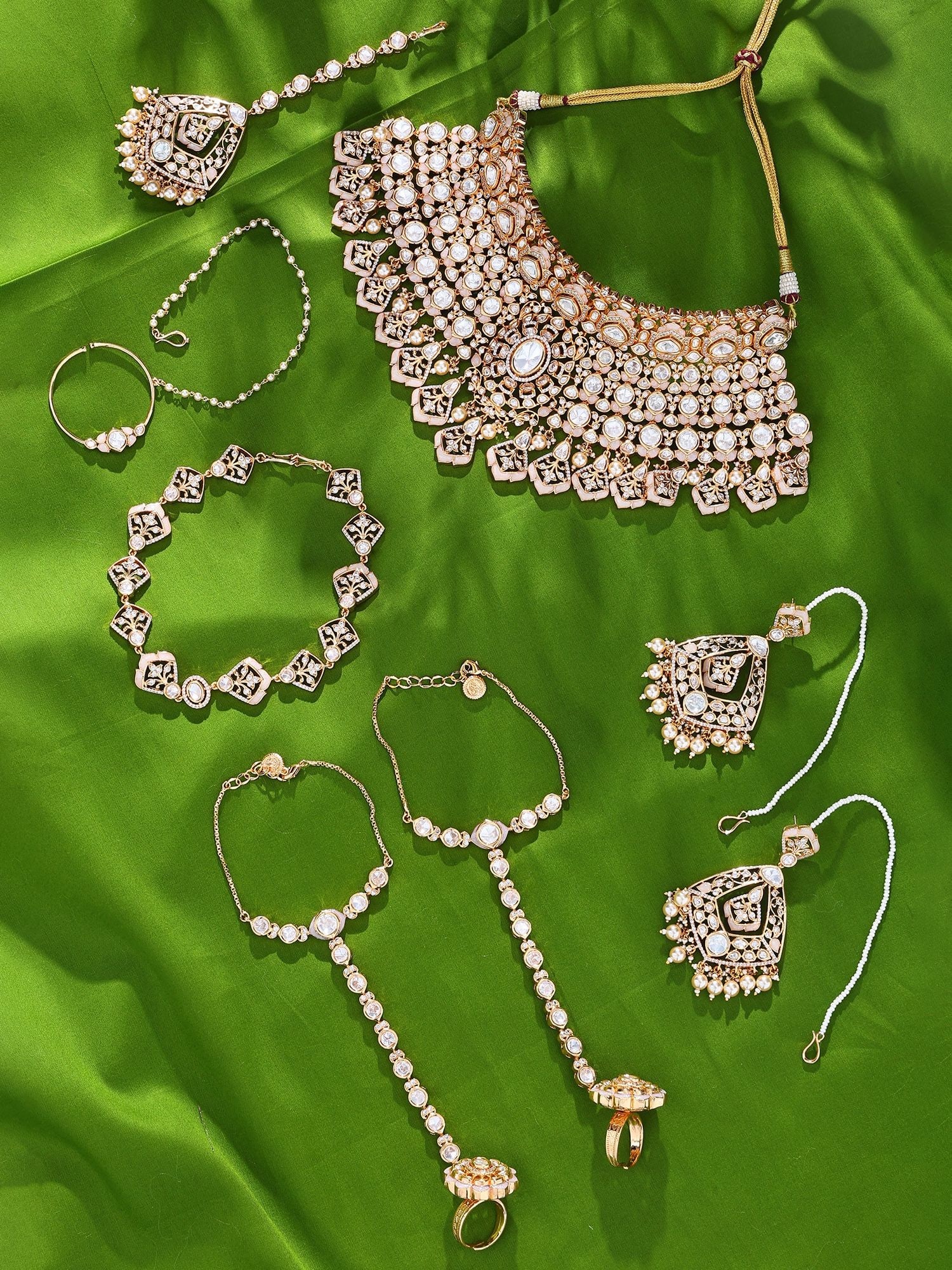 Classic Wedding Kundan Choker Set with Maang Tikka, Earrings, Nath and Hathphool
