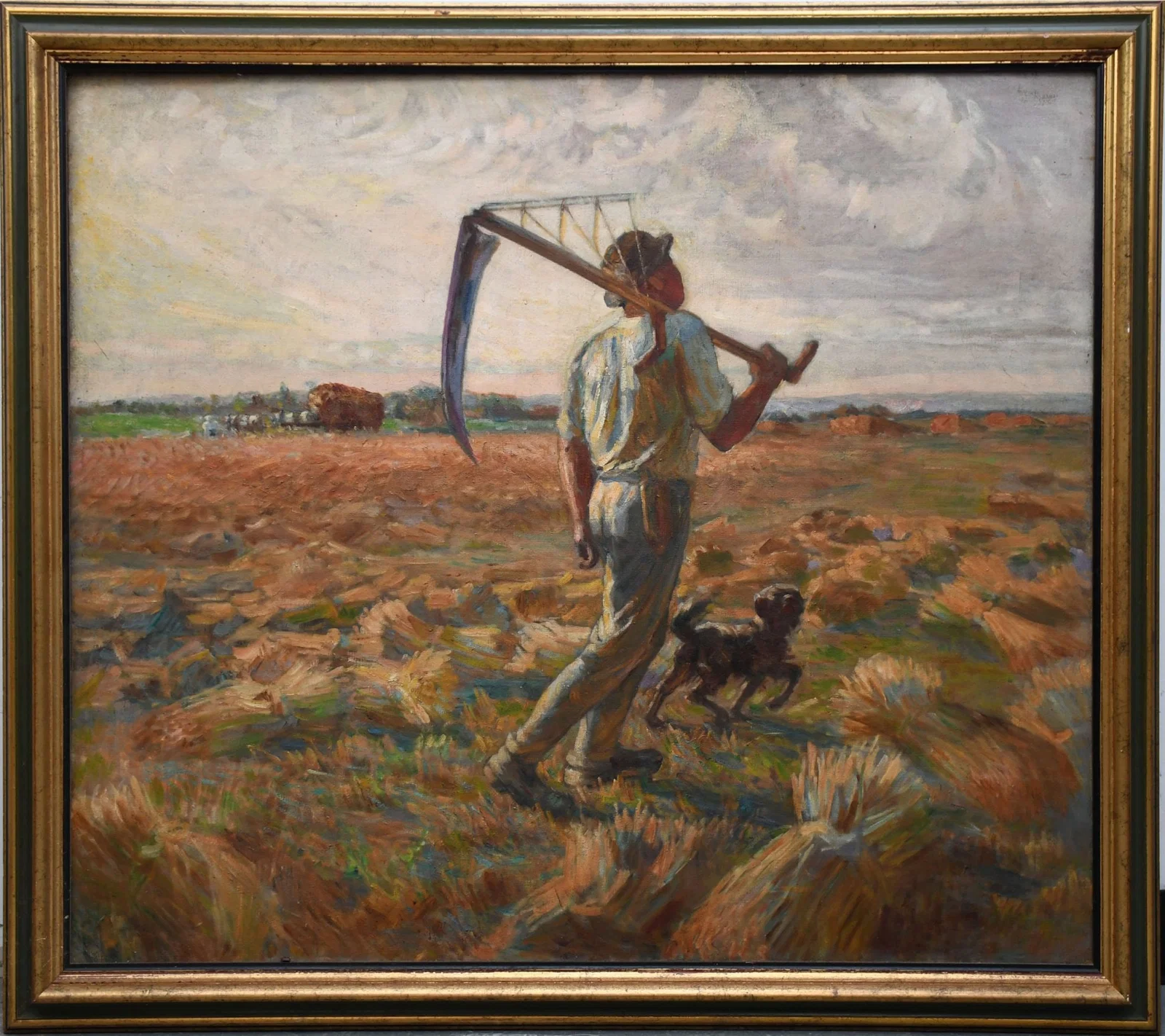 Claude Firmin (French, 1864-1944) Guy with dog in hayfields, Avingnon. 35 x 42 inches. overall frame