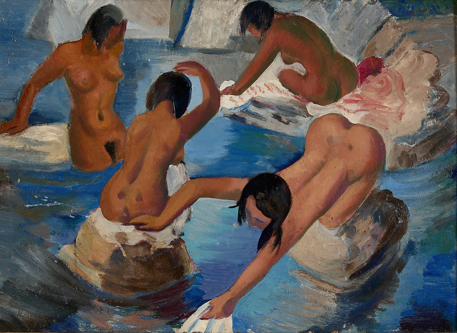 Clement Haupers Bathing Scene Oil Painting