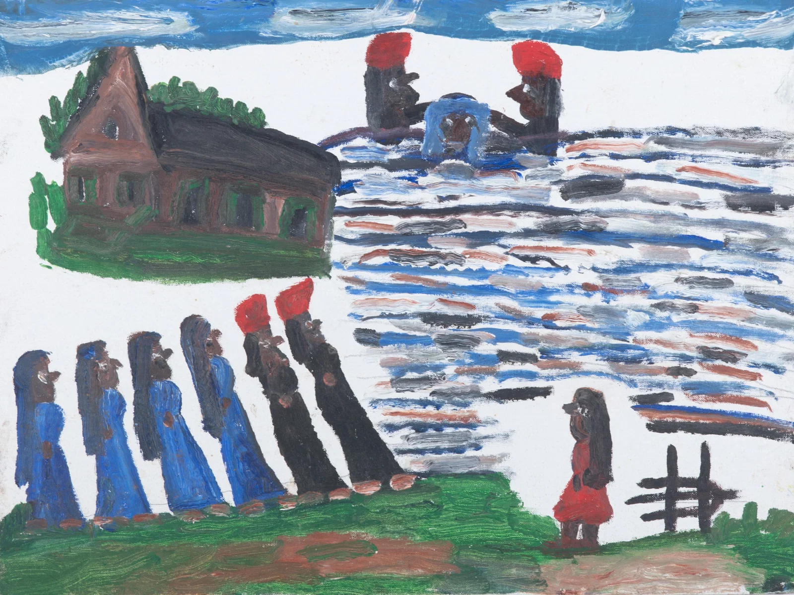 Clementine Hunter, American 1886-1988, Fannie Remo "Baptising", oil on canvasboard