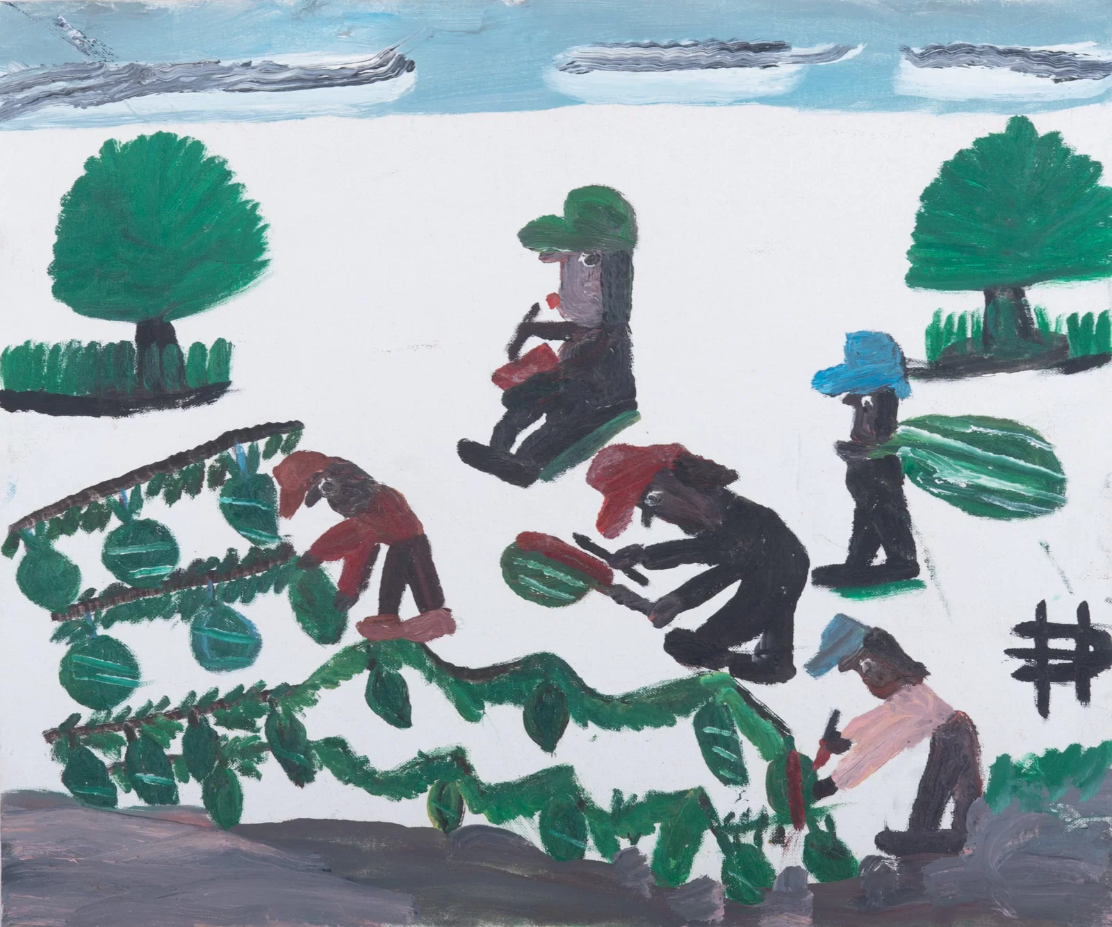 Clementine Hunter, American 1886-1988, Watermelon Picking, oil on canvasboard
