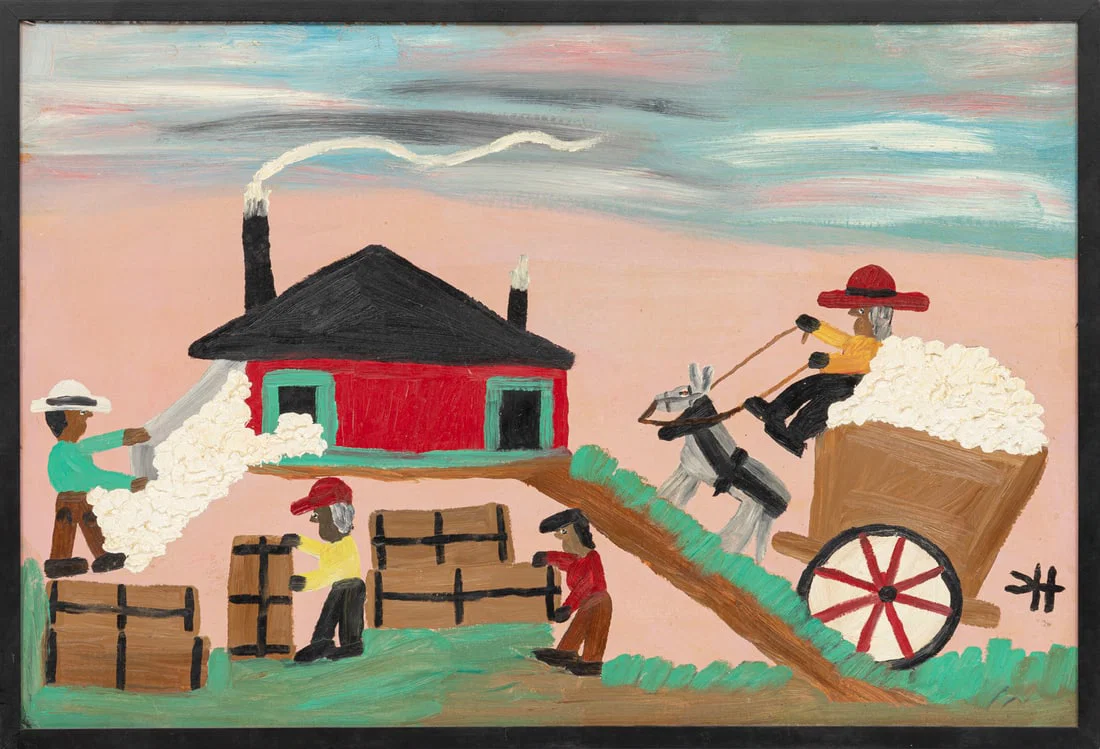 Clementine Hunter, American/Louisiana 1886-1988, "Cotton Gin", oil on board