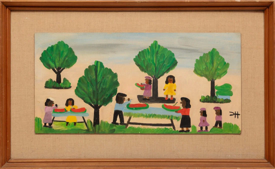Clementine Hunter, American/Louisiana 1886-1988, "Watermelon Picnic", oil on canvas laid on masonite