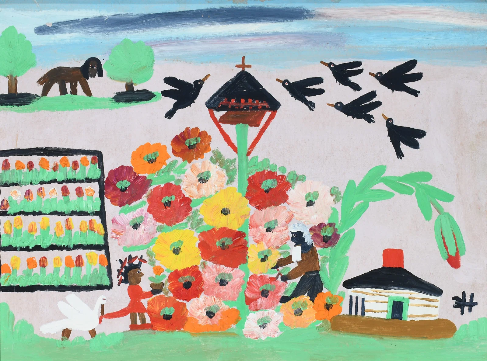 Clementine Hunter. Uncle Tom and Eliza in the Flower Garden.