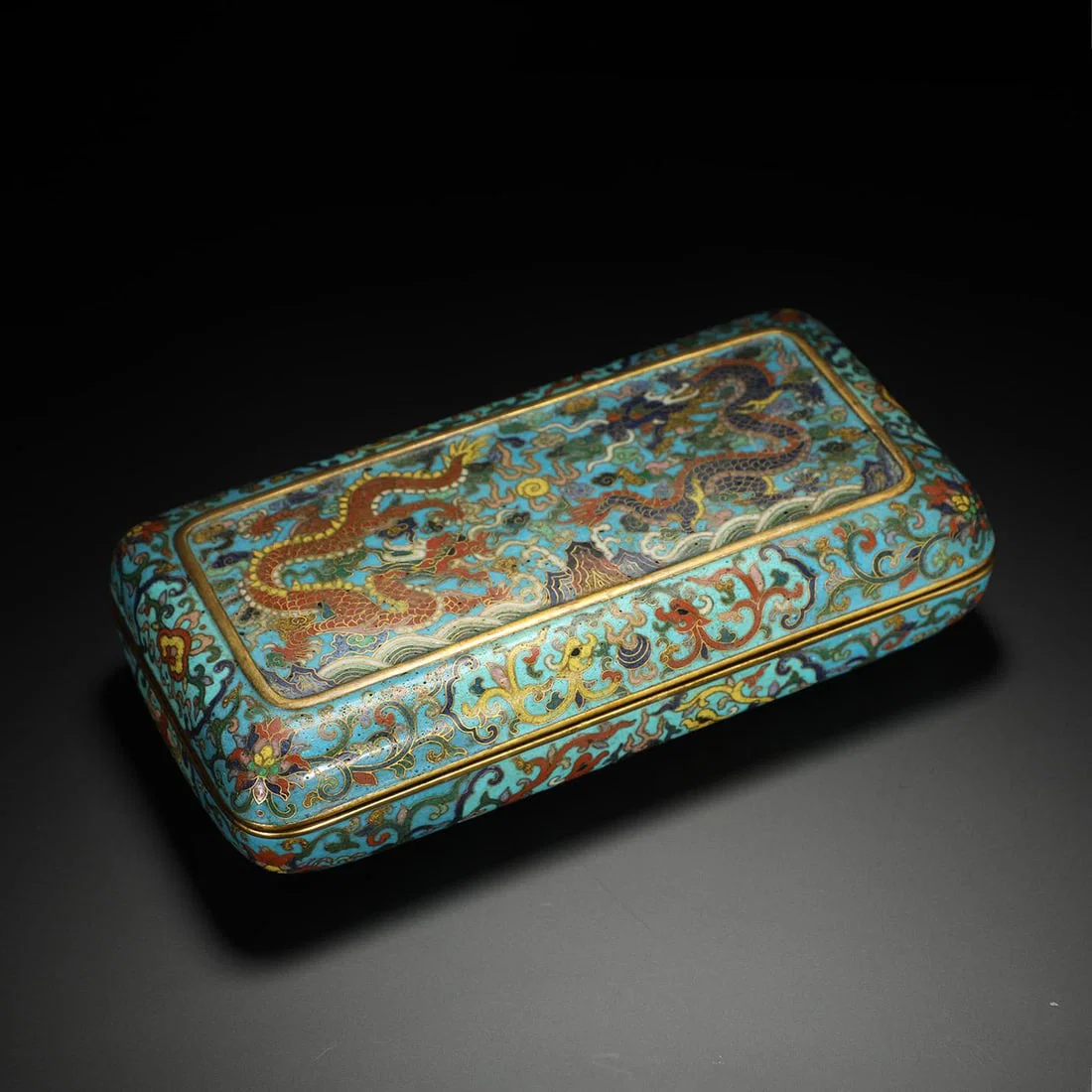Cloisonné Enamel Rectangular Box with Double Dragons Playing with a Pearl