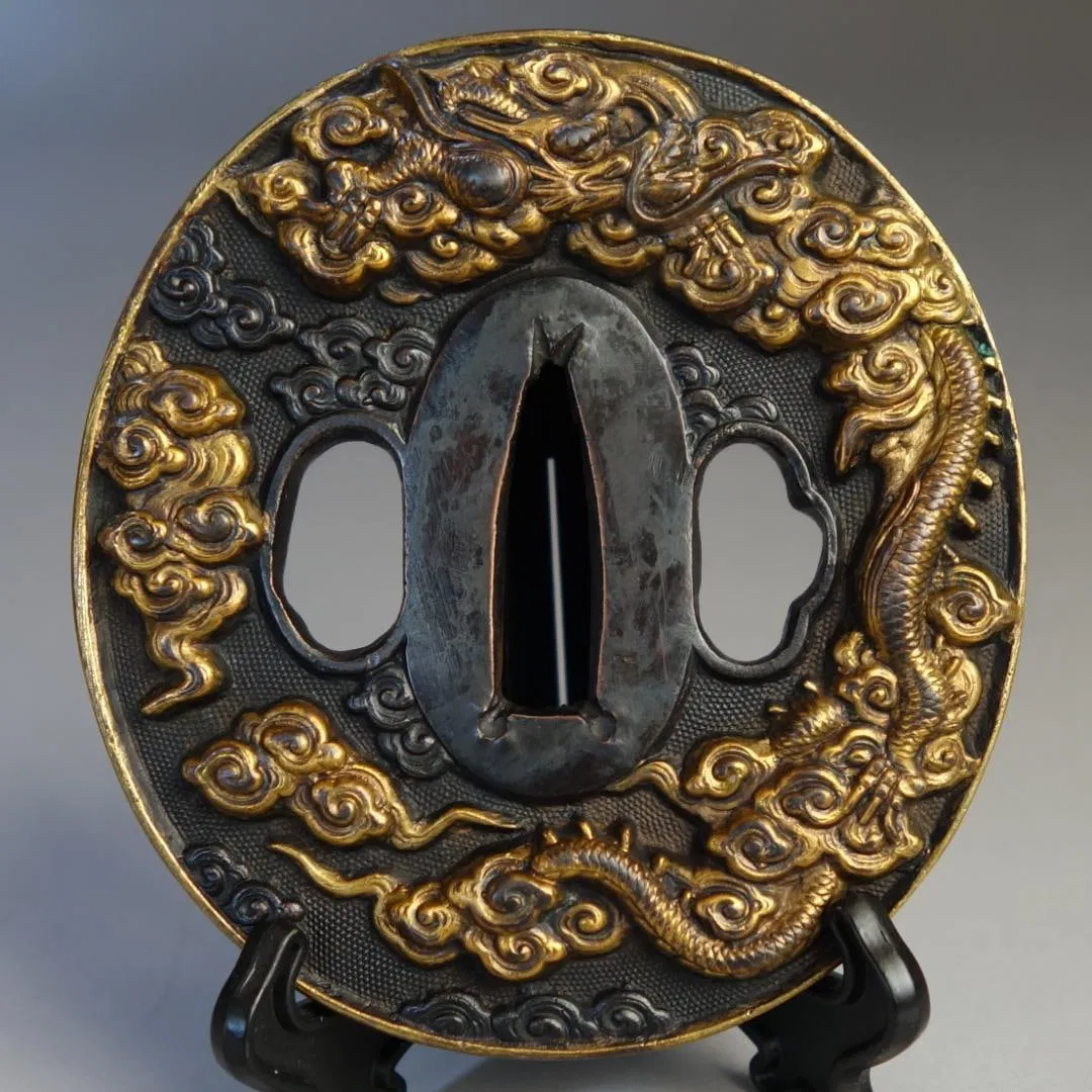 Cloud Dragon Tsuba – Red Copper Nanako Background, High-Relief Carving, Gilded (With Tsuba Box &
