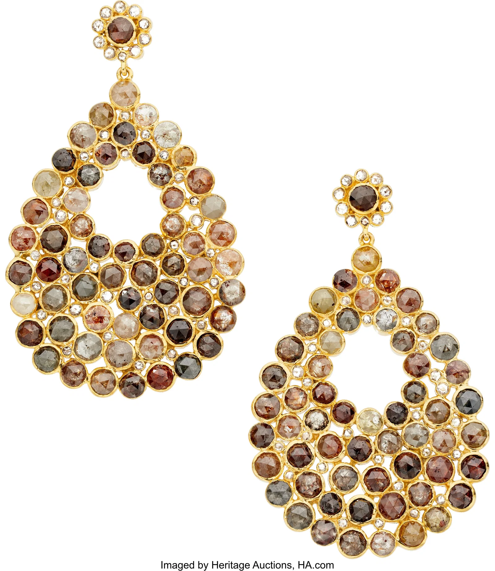 Colored Diamond, Gold Earrings Stones: Rose-cut