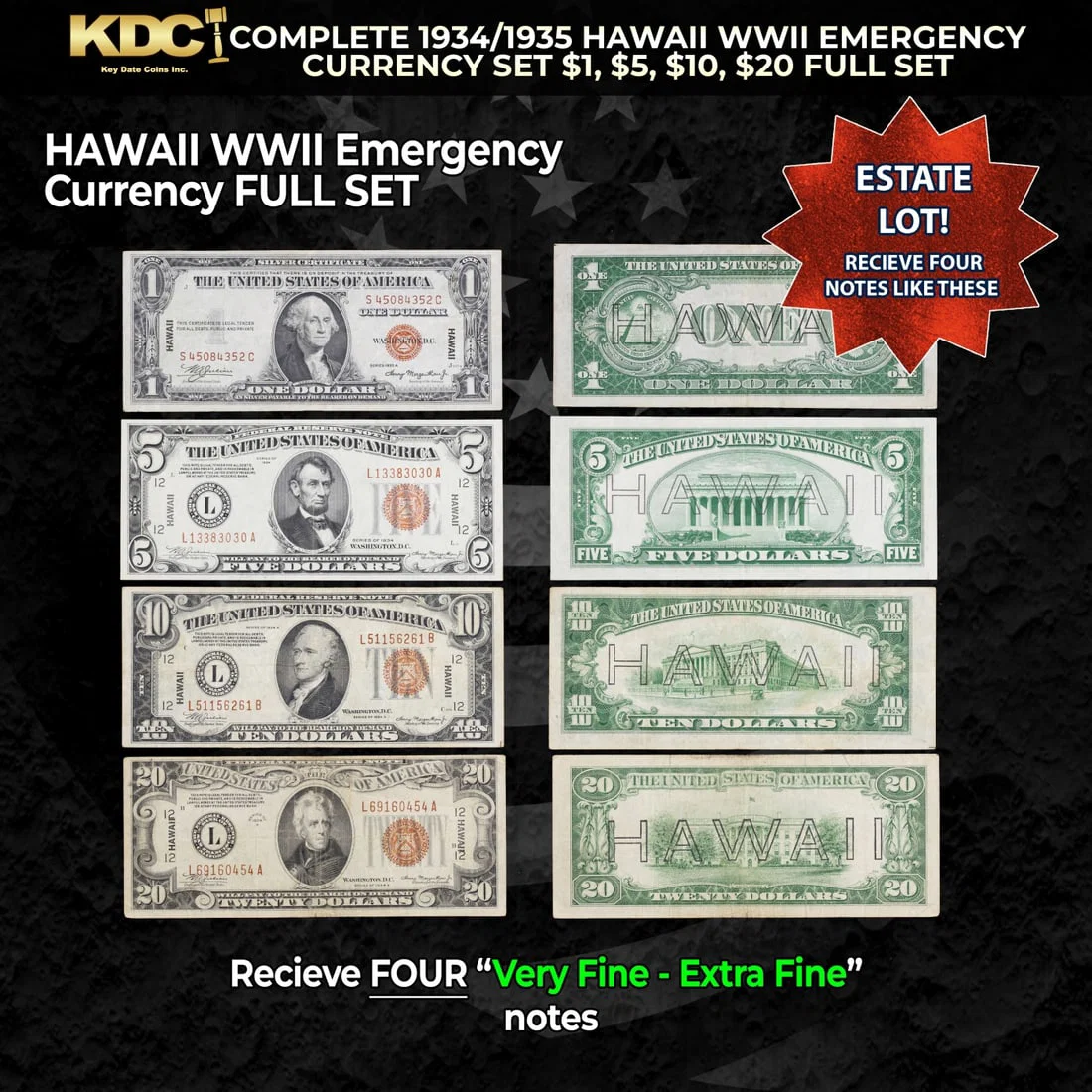Complete 1934/1935 Hawaii WWII Emergency Currency Set $1, $5, $10, $20 FULL SET Grades VF/XF