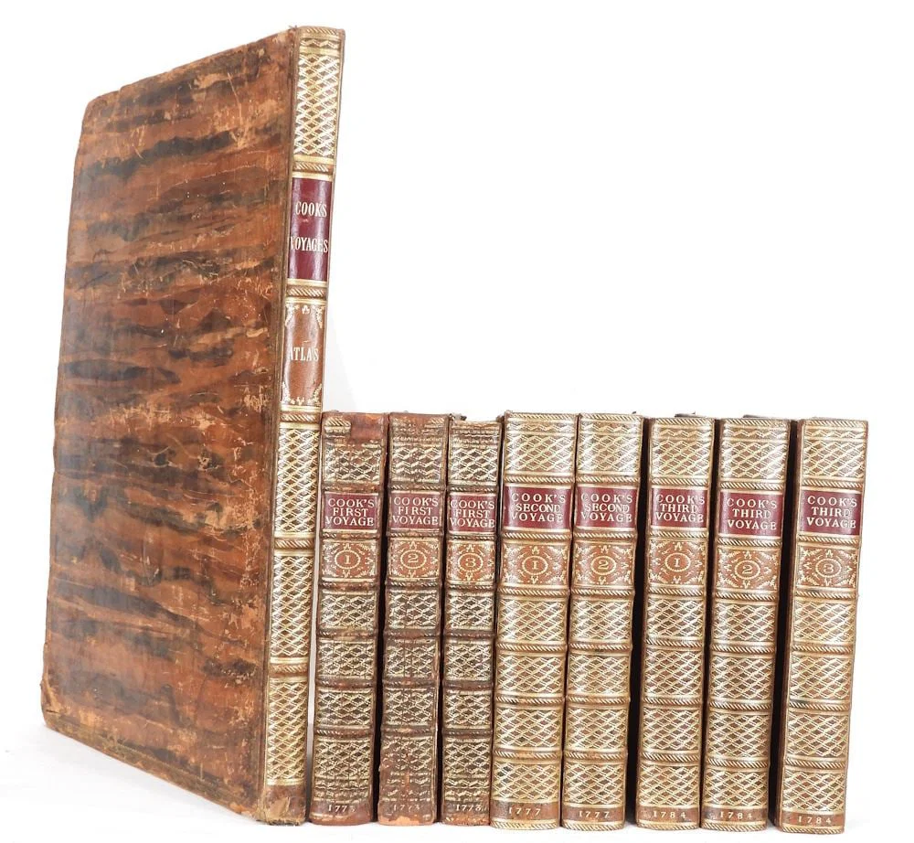 Complete Set of 1st Editon Cook's Voyages, 8 Volumes & Folio, John Barrymore Bookplate.