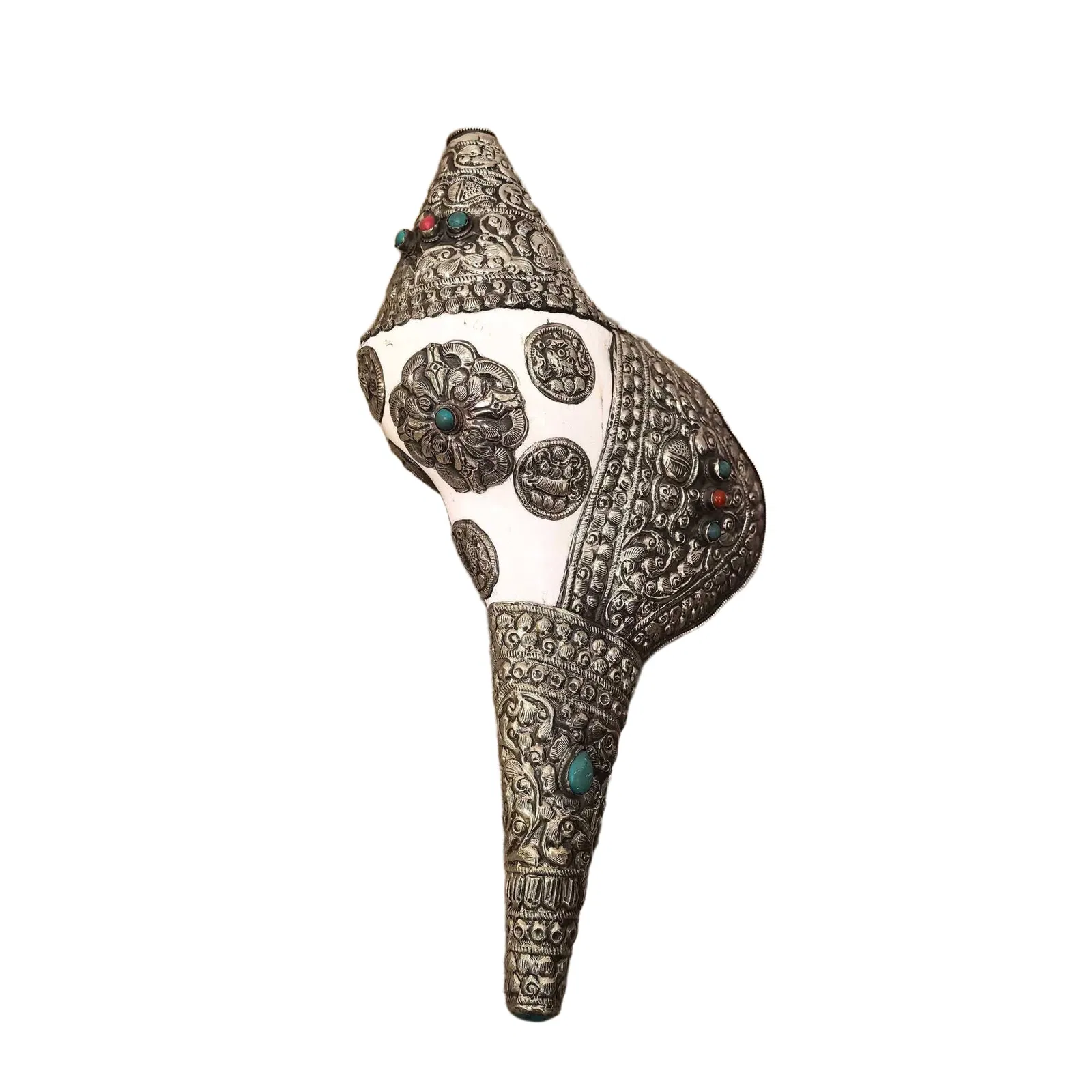 Conch Shell Ritual Object Inlaid with White Copper and Gemstones