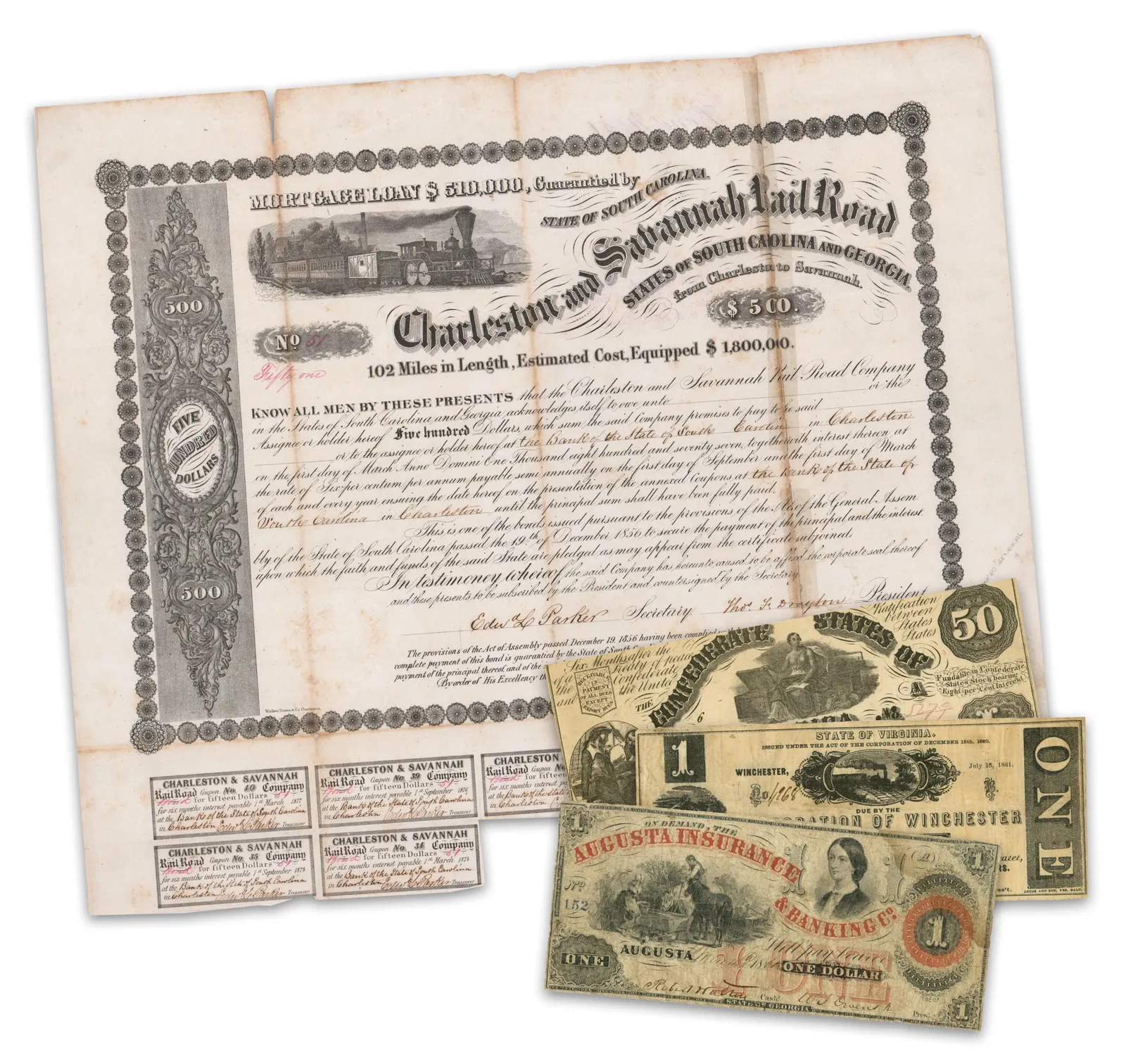 Confederate Currency & Bonds From VA and GA, 4 pcs.