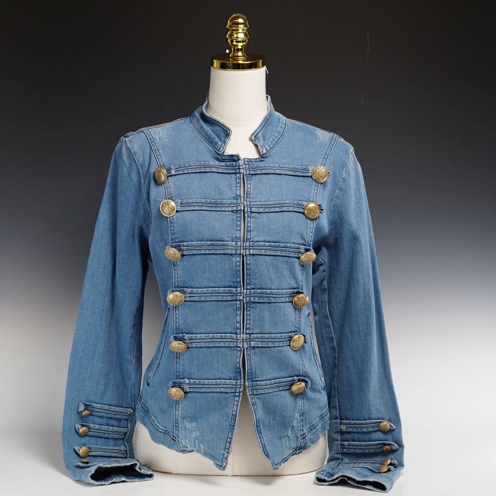 Contemporary Free People Fitted Military Denim Jacket with Gold-Tone Crest Buttons