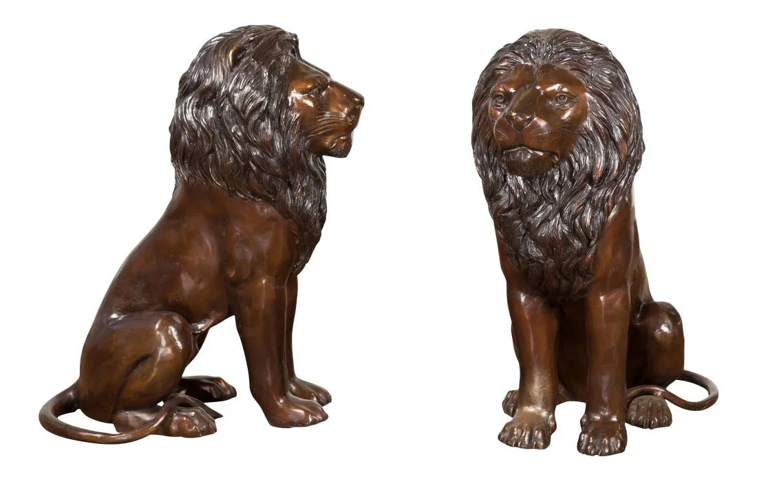 Contemporary Lost Wax Cast Outdoor Sitting Lions with Dark Bronze Patina - A Pair