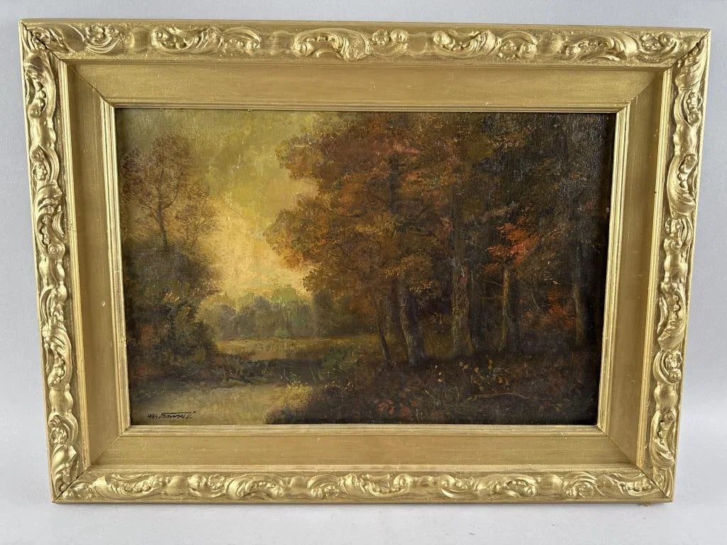 CONTINENTAL SCHOOL (19th Century,), Autumnal landscape., Oil on board, 11.5" x 18". Framed 17" x