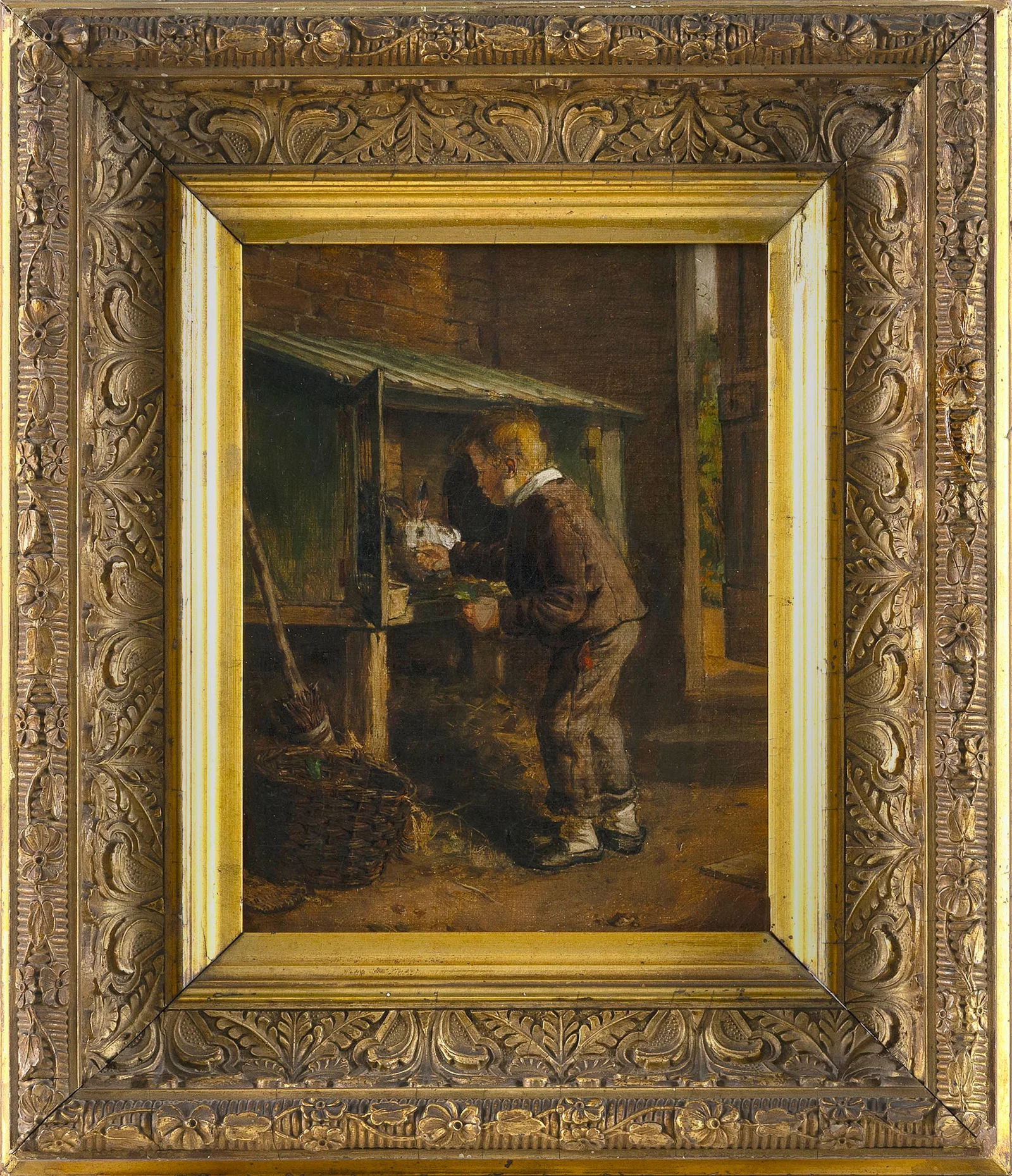CONTINENTAL SCHOOL (19th Century,), Young boy feeding a rabbit., Oil on canvas, 9.25" x 7". Framed