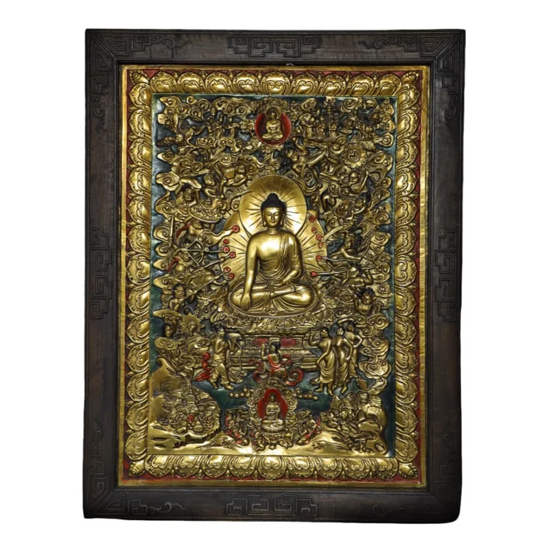 Copper gilt handmade hammered Thangka of Shakyamuni Buddha.