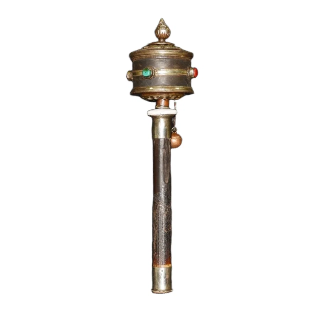 Copper green turquoise with ebony handle prayer wheel.