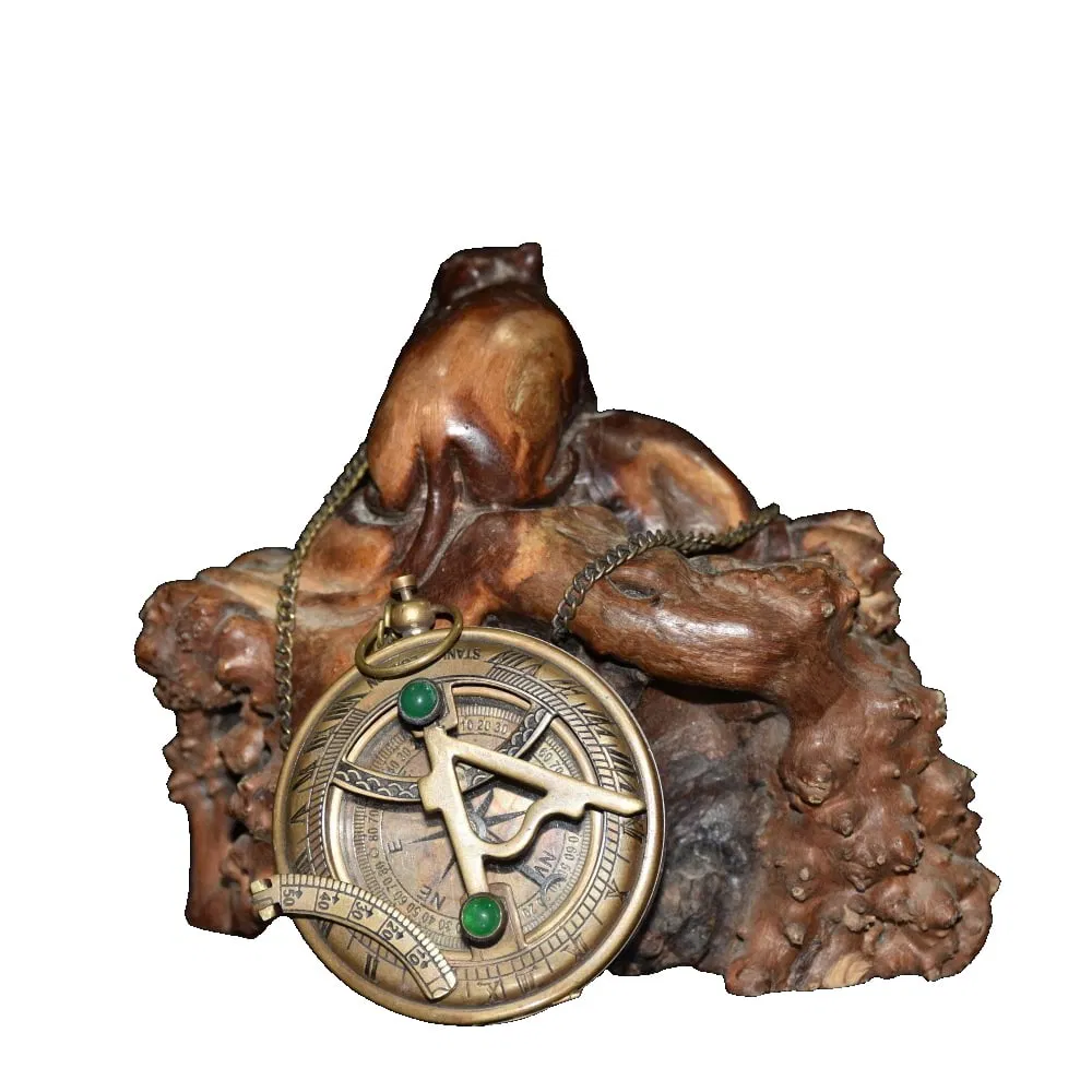Copper Inlaid Jade Gemstone Pocket Watch Compass