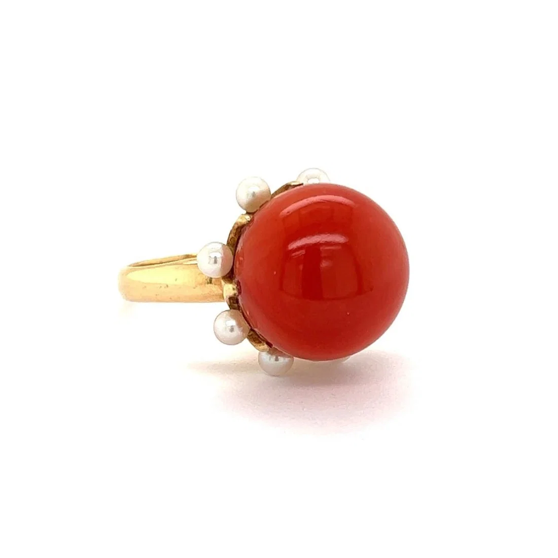 CORAL & SEED PEARLS COCKTAIL 14K YELLOW GOLD RING