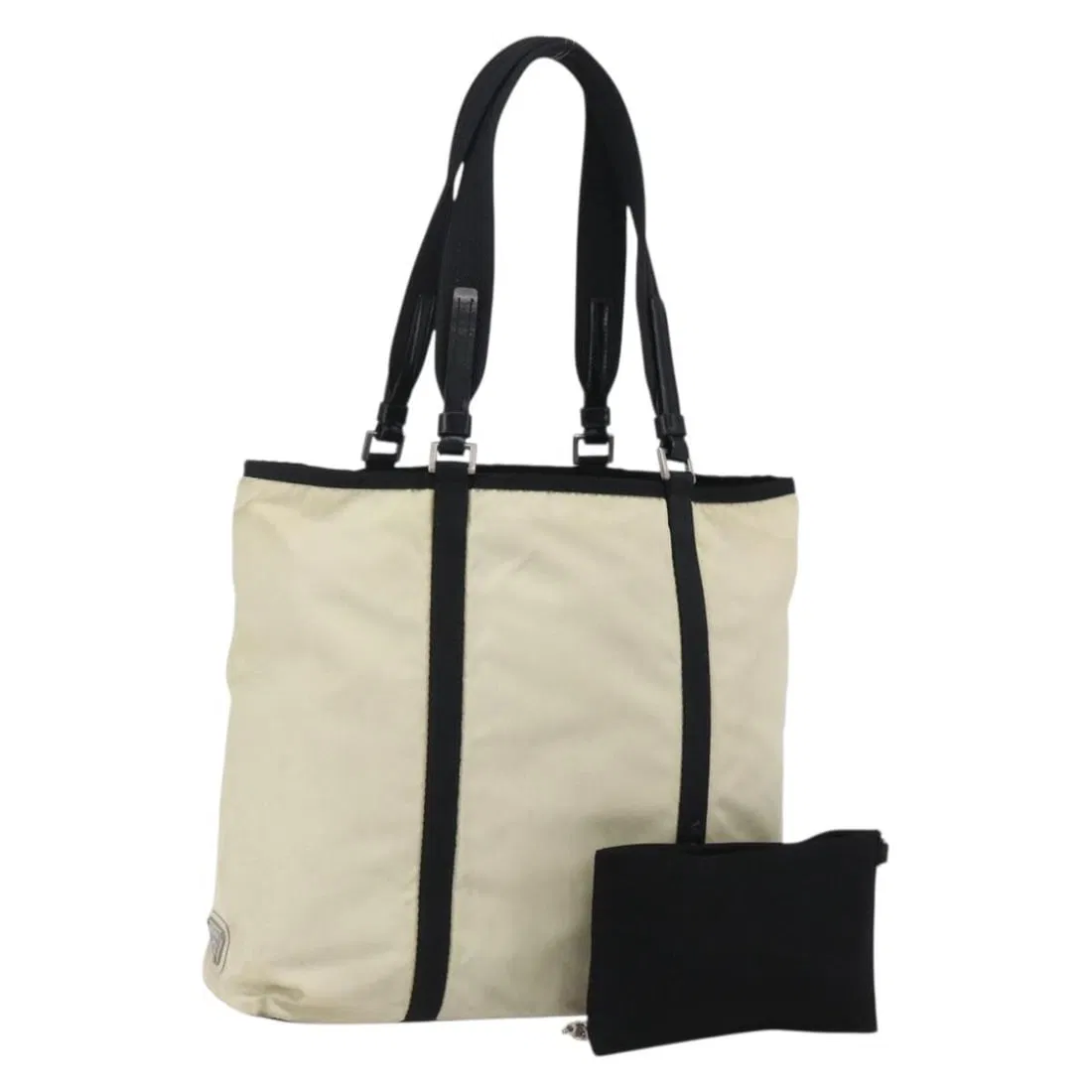 Cream Nylon Tote with Silver Accents by PRADA and Matching Pouch