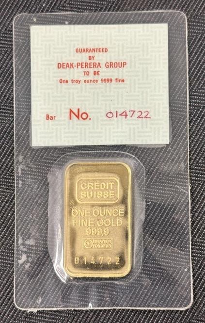 CREDIT SUISSE ONE OUNCE FINE GOLD 999 BAR, in enclosed plastic case, numbered ( 014722 ), from