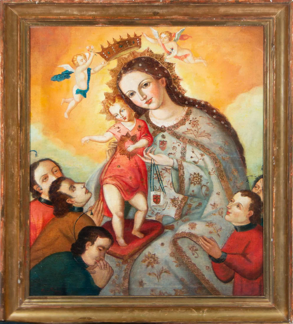 Crowned Virgin with Child in her arms surrounded by Donors, Cuzco Colonial school from the 17th