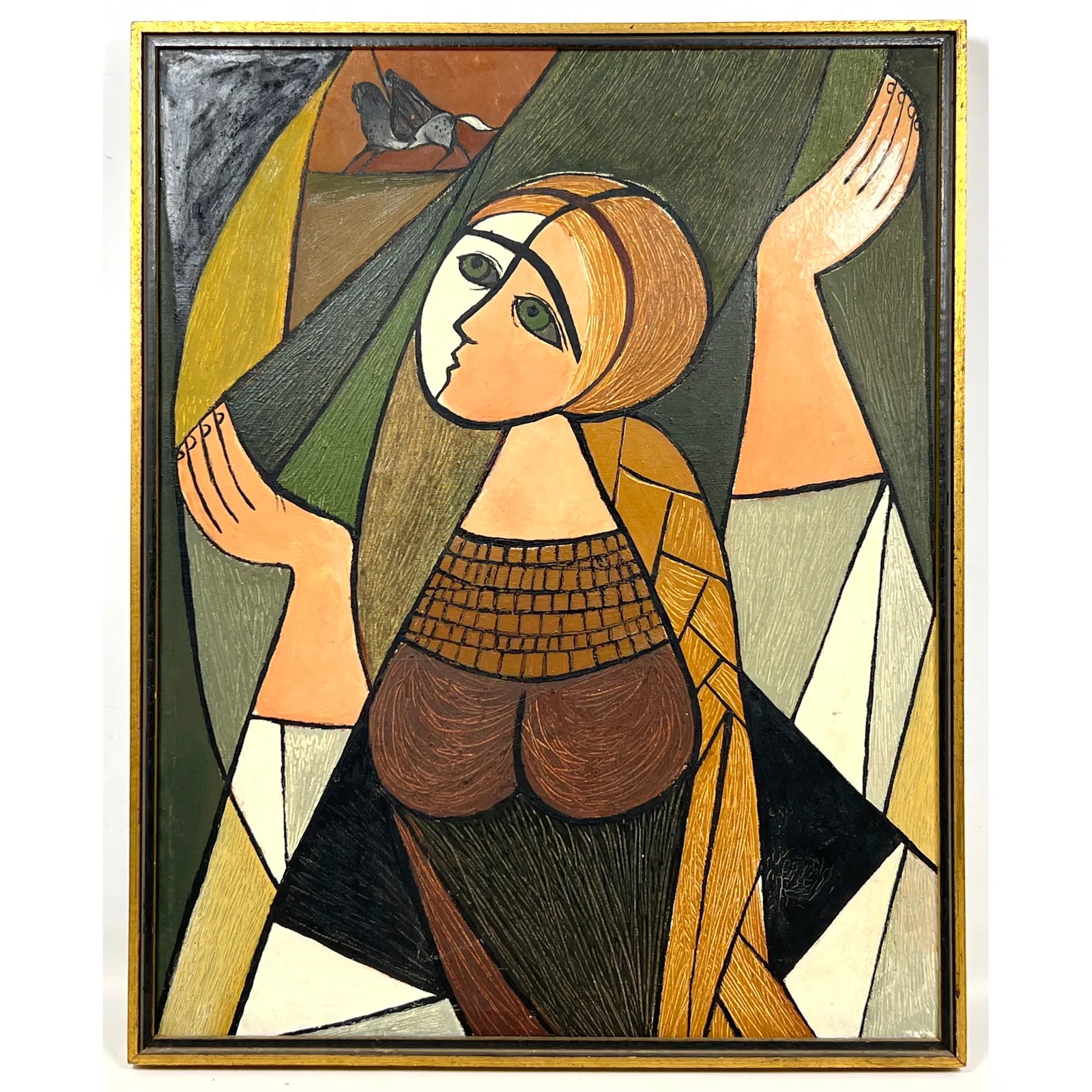 Cubist oil painting with partial label on back