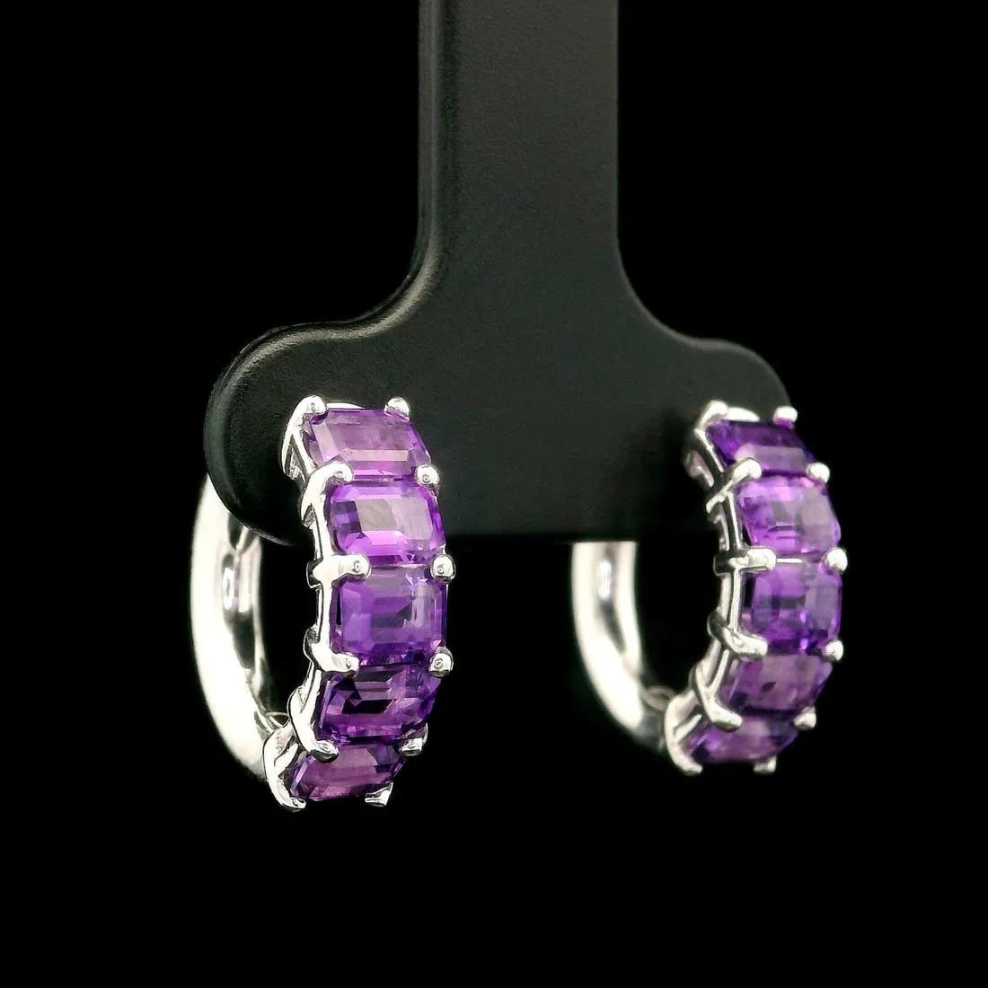 Custom 14k White Gold 2.01ct Amethyst Emerald Cut Huggie Hoop Earrings