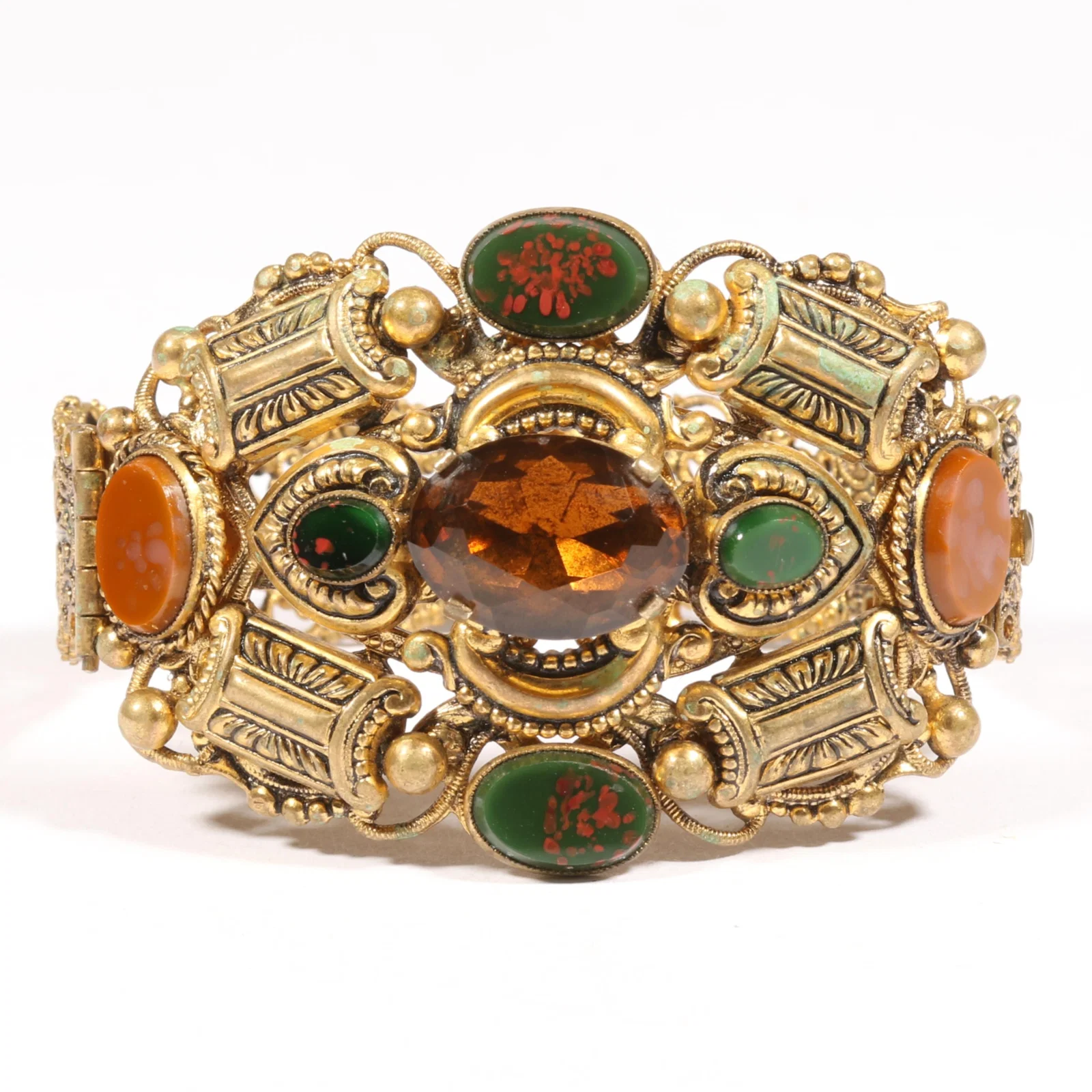 Czech glass Renaissance Revival hinged bangle bracelet with art glass faux bloodstone cabochons 1