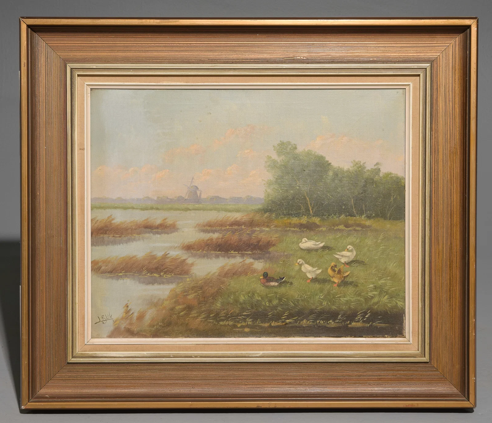 Danish Framed Oil on Canvas Landscape with Ducks
