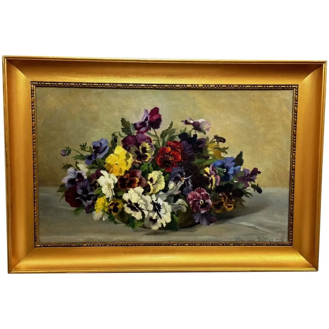 Danish Oil Painting Still Life "Pansies" Flowers Signed Emma Løffler 1929