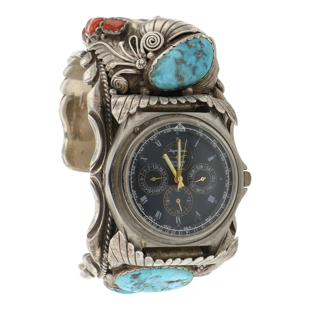 Danny Dale Vintage Navajo Turquoise Coral & Bear Claw Heavy Watch Bracelet